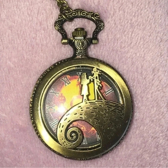 The Nightmare Before Christmas Jack & Sally Bronze Pocket Watch and Chain NWT - Picture 1 of 4